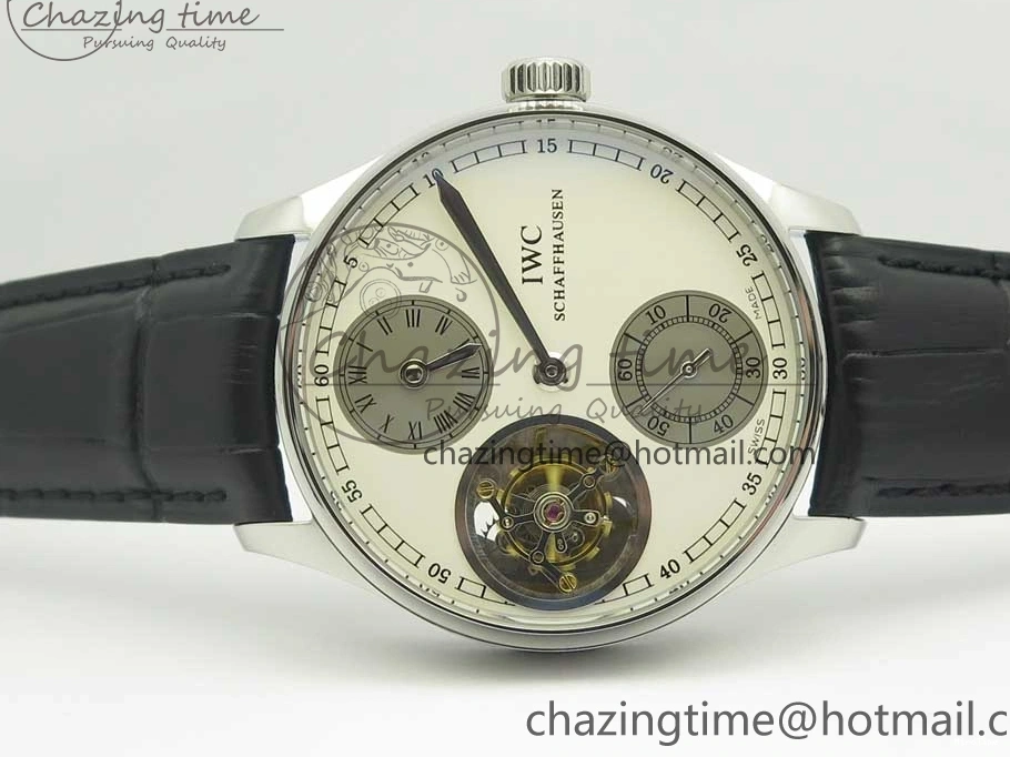 MIROTIME 0331 Upgraded Portuguese Flying Tourbillon SS White Dial 2 Sub Dials on Black Leather Strap 7161